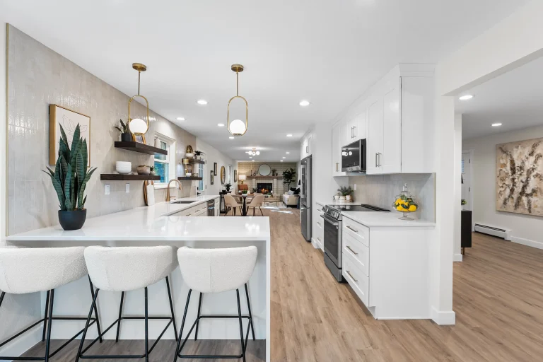 Modern white kitchen with island seating