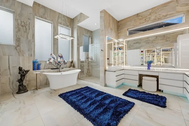Spa bathroom with freestanding tub and double vanity
